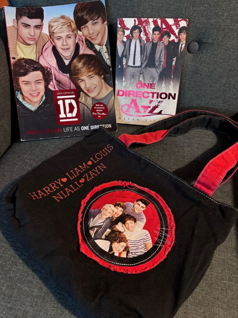 One Direction 1D Black Tote Bag with Red Accents and Two Books Bundle